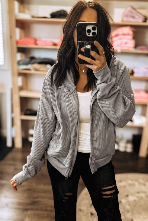 Waffle Knit Zip Front Snap Placket Hooded Patchwork Drop Shoulder Jacket